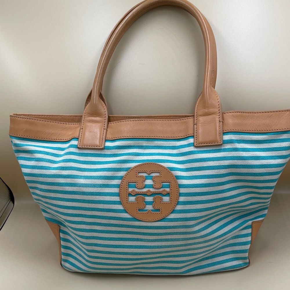 Tory Burch Turquoise and White Striped Canvas Tote with Tan Trim Beach Summer